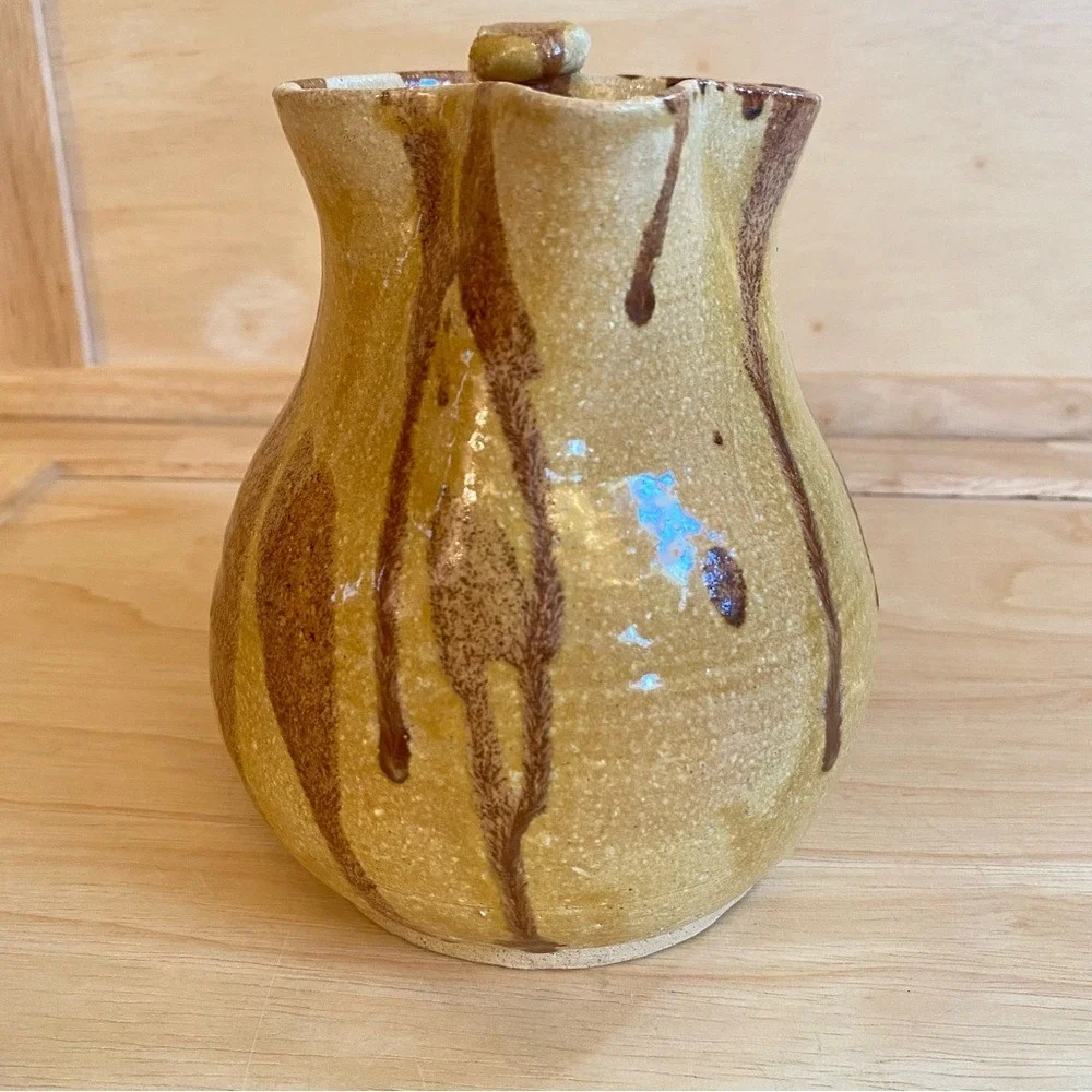 Handmade Studio PLUMPOTTERY G Yellow Brown‎ Glaze Stoneware Pottery Pitcher Jug